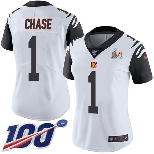 Bengals #1 Ja'Marr Chase White Super Bowl LVI Patch Women's Stitched Limited Rush 100th Season Jersey