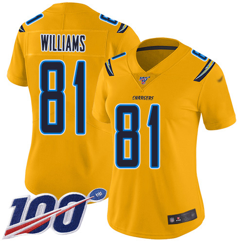 Los Angeles Chargers #81 Mike Williams Gold Women's Stitched Limited Inverted Legend 100th Season Jersey Womens