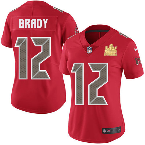 Buccaneers #12 Tom Brady Red Women's Super Bowl LV Champions Patch Stitched Limited Rush Jersey