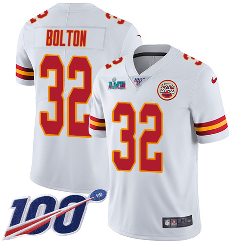 Chiefs #32 Nick Bolton White Super Bowl LVII Patch Men's Stitched 100th Season Vapor Limited Jersey