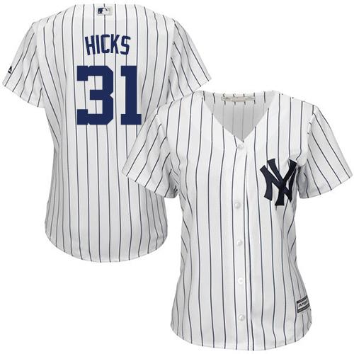 New York Yankees #31 Aaron Hicks White Strip Home Women's Stitched Jersey Womens