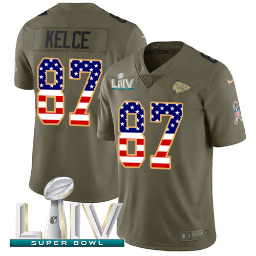 Chiefs #87 Travis Kelce Olive/USA Flag Super Bowl LIV 2020 Youth Stitched Limited 2017 Salute To Service Jersey