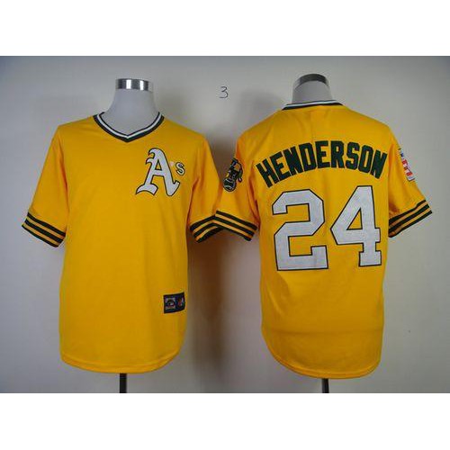 Mitchell And Ness Oakland Athletics #24 Rickey Henderson Yellow Throwback Stitched Jersey Men's