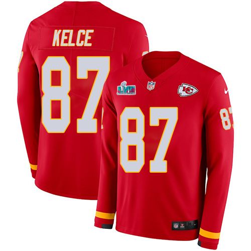 Chiefs #87 Travis Kelce Red Team Color Super Bowl LVII Patch Youth Stitched Limited Therma Long Sleeve Jersey