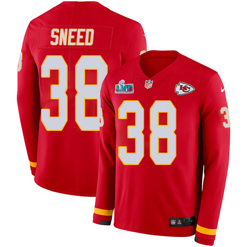 Chiefs #38 L'Jarius Sneed Red Team Color Super Bowl LVII Patch Youth Stitched Limited Therma Long Sleeve Jersey