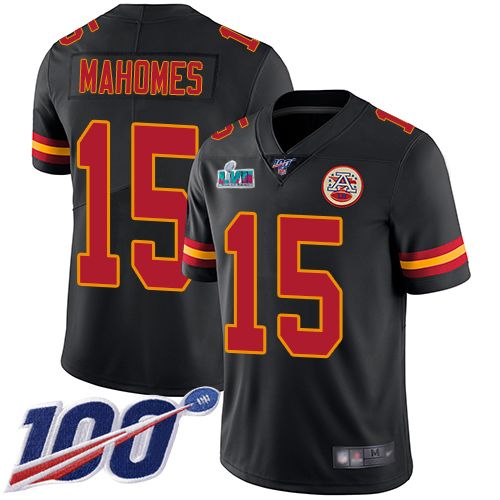 Chiefs #15 Patrick Mahomes Black Super Bowl LVII Patch Men's Stitched Limited Rush 100th Season Jersey