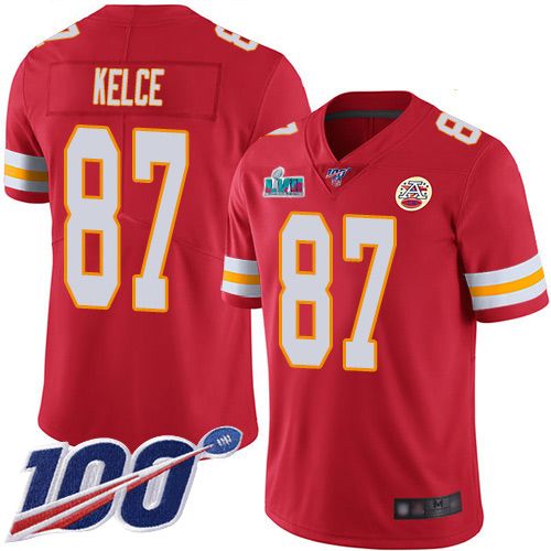 Chiefs #87 Travis Kelce Red Team Color Super Bowl LVII Patch Men's Stitched 100th Season Vapor Limited Jersey