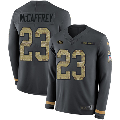 49ers #23 Christian McCaffrey Anthracite Salute To Service Men's Stitched Limited Therma Long Sleeve Jersey
