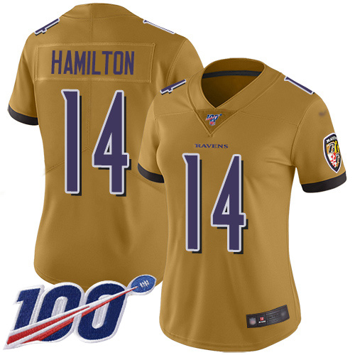 Ravens #14 Kyle Hamilton Gold Women's Stitched Limited Inverted Legend 100th Season Jersey