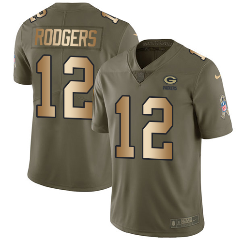 Packers #12 Aaron Rodgers Olive/Gold Men's Stitched Limited 2017 Salute To Service Jersey