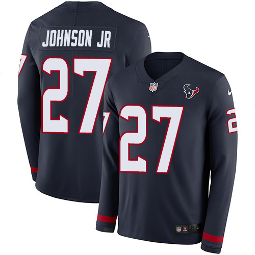Houston Texans #27 Duke Johnson Jr Navy Blue Team Color Men's Stitched Limited Therma Long Sleeve Jersey Men's