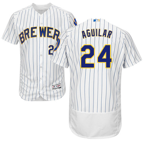 Milwaukee Brewers #24 Jesus Aguilar White Strip Flexbase Authentic Collection Stitched Jersey Men's
