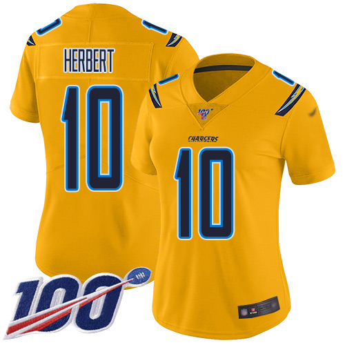 Chargers #10 Justin Herbert Gold Women's Stitched Limited Inverted Legend 100th Season Jersey