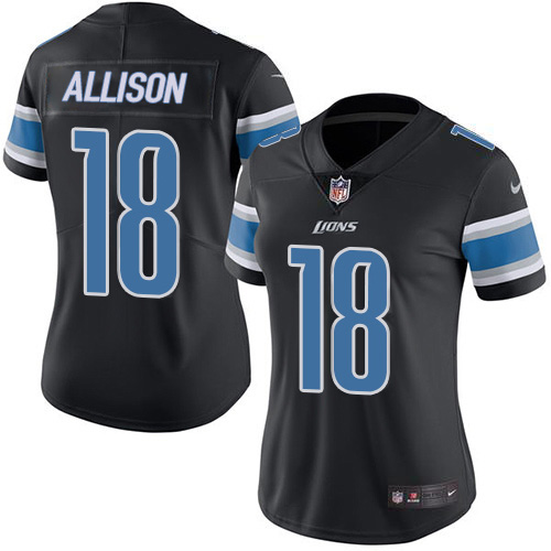 Detroit Lions #18 Geronimo Allison Black Women's Stitched Limited Rush Jersey Womens