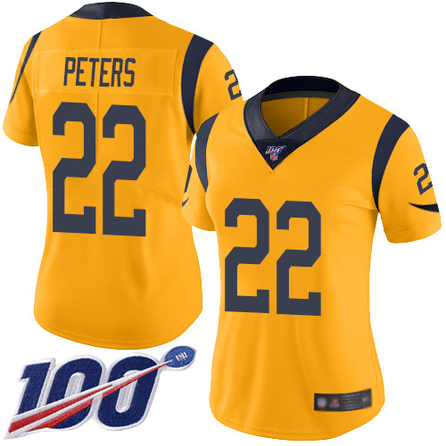 Los Angeles Rams #22 Marcus Peters Gold Women's Stitched Limited Rush 100th Season Jersey Womens