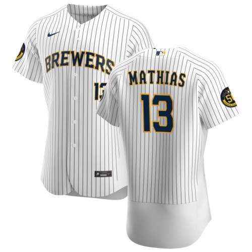 Milwaukee Milwaukee Brewers #13 Mark Mathias Men's White Home 2020 Authentic Player Jersey Men's