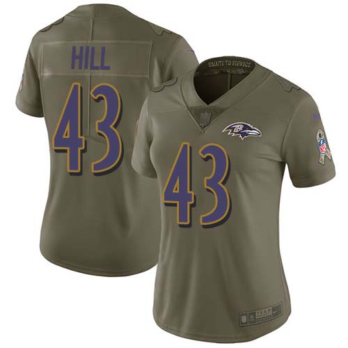Baltimore Ravens #43 Justice Hill Olive Women's Stitched Limited 2017 Salute To Service Jersey Womens