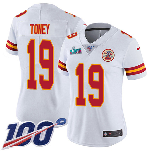Chiefs #19 Kadarius Toney White Super Bowl LVII Patch Women's Stitched 100th Season Vapor Limited Jersey