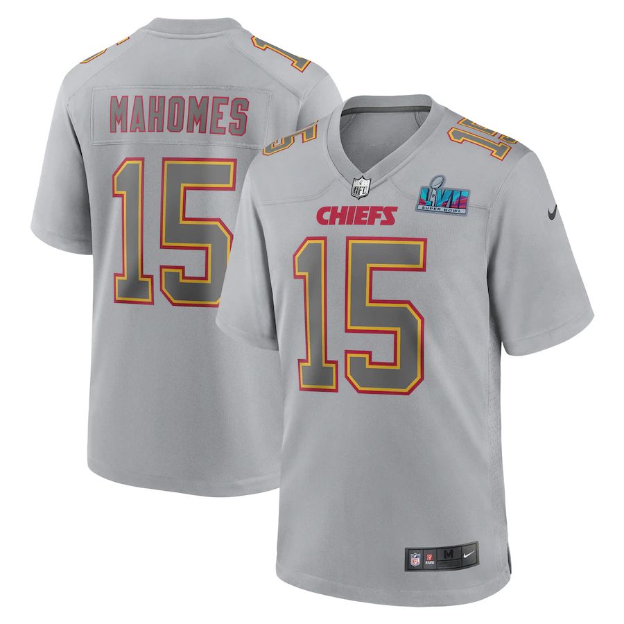 Chiefs #15 Patrick Mahomes Youth Super Bowl LVII Patch Atmosphere Fashion Game Jersey - Gray
