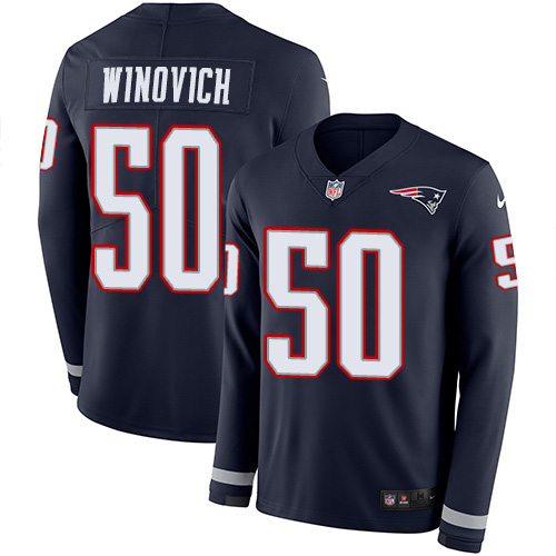 New England Patriots #50 Chase Winovich Navy Blue Team Color Men's Stitched Limited Therma Long Sleeve Jersey Men's