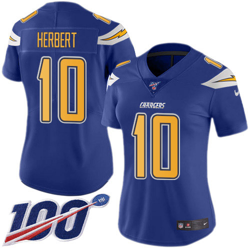 Chargers #10 Justin Herbert Electric Blue Women's Stitched Limited Rush 100th Season Jersey
