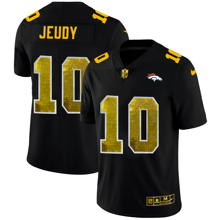Denver Broncos #10 Jerry Jeudy Men's Black Golden Sequin Vapor Limited Jersey