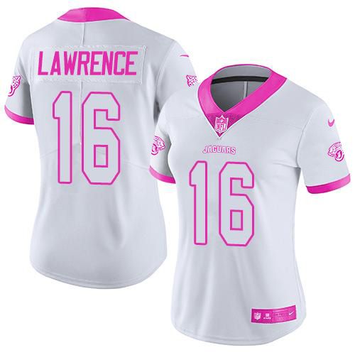 Jaguars #16 Trevor Lawrence White/Pink Women's Stitched Limited Rush Fashion Jersey