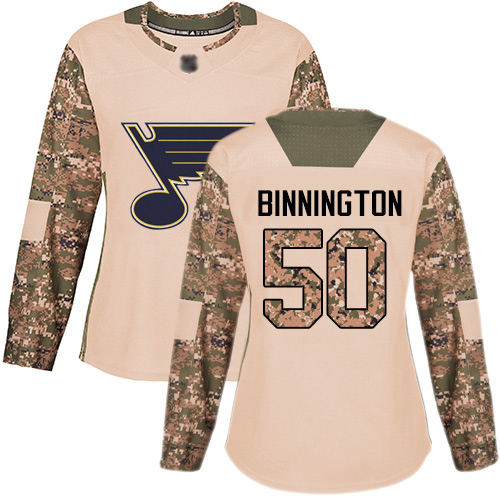 Adidas St. Louis Blues #50 Jordan Binnington Camo Authentic 2017 Veterans Day Women's Stitched Jersey Womens