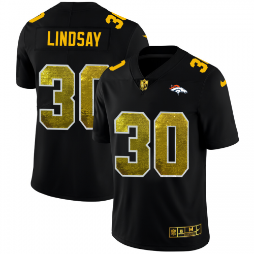 Denver Denver Broncos #30 Phillip Lindsay Men's Black Golden Sequin Vapor Limited Jersey Men's