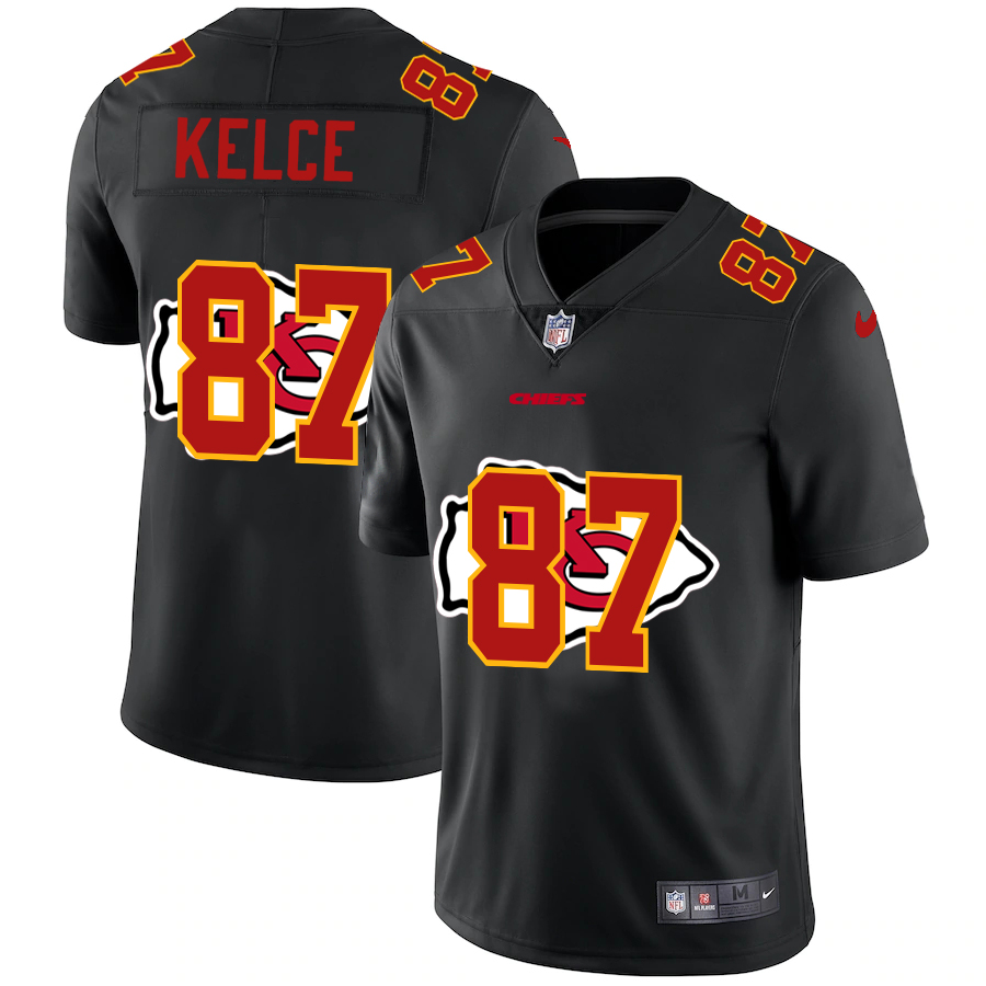 Kansas City Chiefs #87 Travis Kelce Men's Team Logo Dual Overlap Limited Jersey Black
