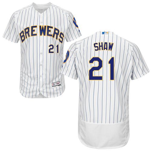 Milwaukee Brewers #21 Travis Shaw White Strip Flexbase Authentic Collection Stitched Jersey Men's