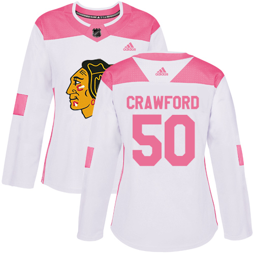 Adidas Chicago Blackhawks #50 Corey Crawford White/Pink Authentic Fashion Women's Stitched Jersey Womens