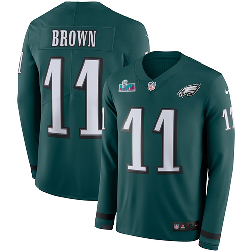 Eagles #11 A.J. Brown Green Team Color Super Bowl LVII Patch Youth Stitched Limited Therma Long Sleeve Jersey
