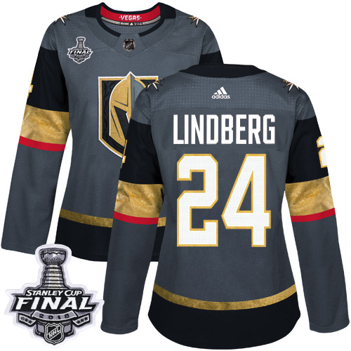 Adidas Golden Vegas Golden Knights #24 Oscar Lindberg Grey Home Authentic 2018 Stanley Cup Final Women's Stitched Jersey Womens