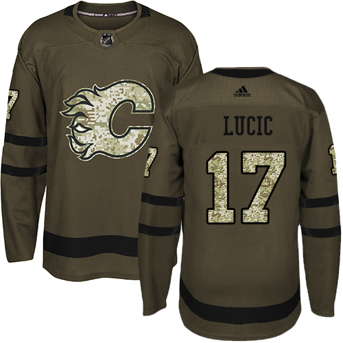 Adidas Calgary Flames #17 Milan Lucic Green Salute to Service Stitched Jersey Men's