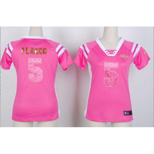 Baltimore Ravens #5 Joe Flacco Pink Women's Stitched Elite Draft Him Shimmer Jersey Womens