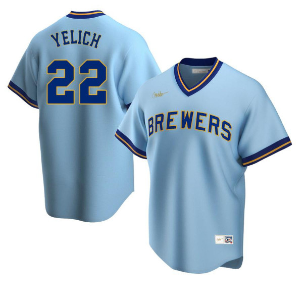Men's Youth Women's Milwaukee Brewers 22 Replica Powder Blue Road Cooperstown Collection Christian Yelich Jersey