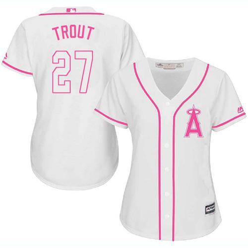 Los Angeles Angels #27 Mike Trout White/Pink Fashion Women's Stitched Jersey Womens