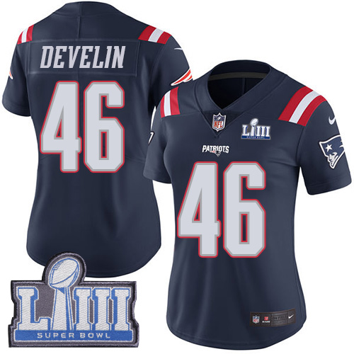 New England Patriots #46 James Develin Navy Blue Super Bowl LIII Bound Women's Stitched Limited Rush Jersey Womens