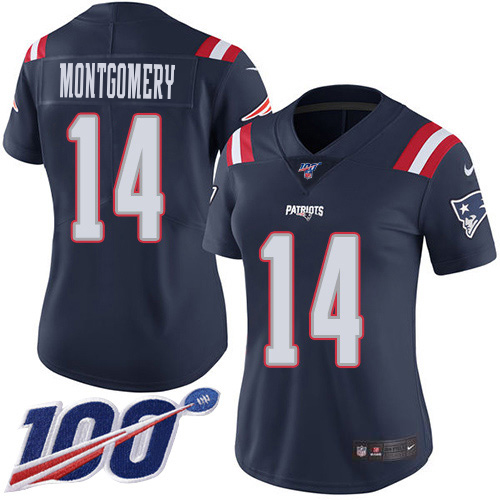 Patriots #14 Ty Montgomery Navy Blue Women's Stitched Limited Rush 100th Season Jersey
