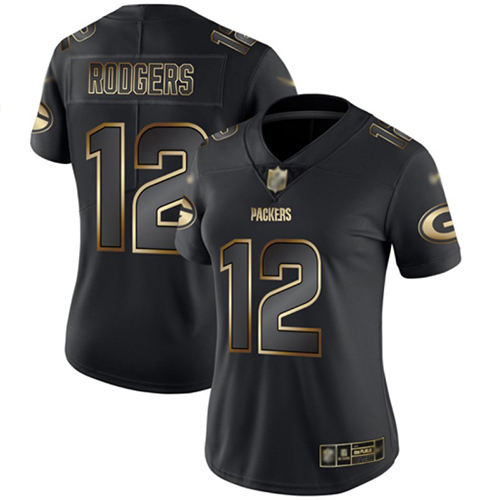 Packers #12 Aaron Rodgers Black/Gold Women's Stitched Vapor Untouchable Limited Jersey