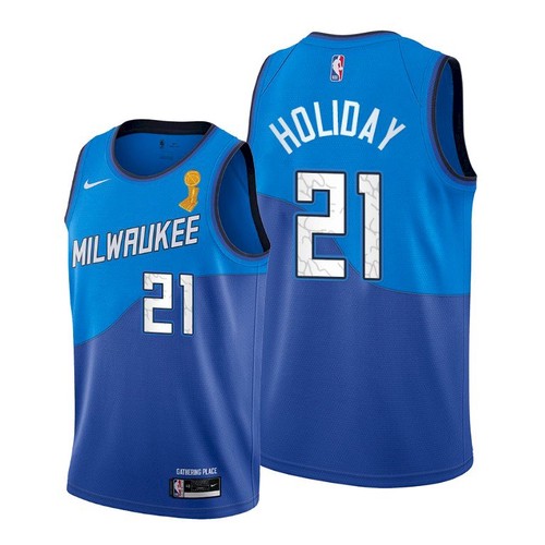 Milwaukee Bucks #21 Jrue Holiday Womens 2021 Finals Champions City Edition Jersey Blue Womens