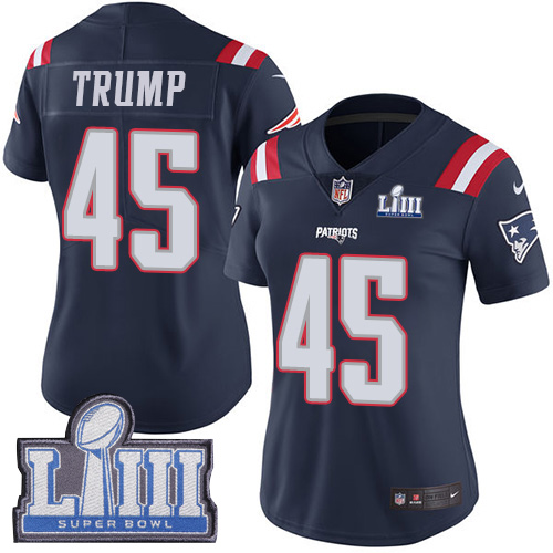 New England Patriots #45 Donald Trump Navy Blue Super Bowl LIII Bound Women's Stitched Limited Rush Jersey Womens