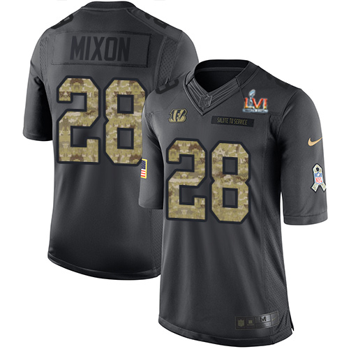 Bengals #28 Joe Mixon Black Team Color Super Bowl LVI Patch Men's Stitched Limited Therma Long Sleeve Jersey