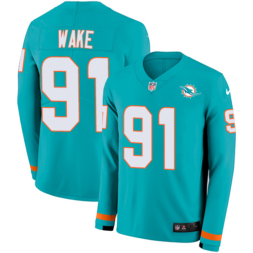 Miami Dolphins #91 Cameron Wake Aqua Green Team Color Men's Stitched Limited Therma Long Sleeve Jersey Men's