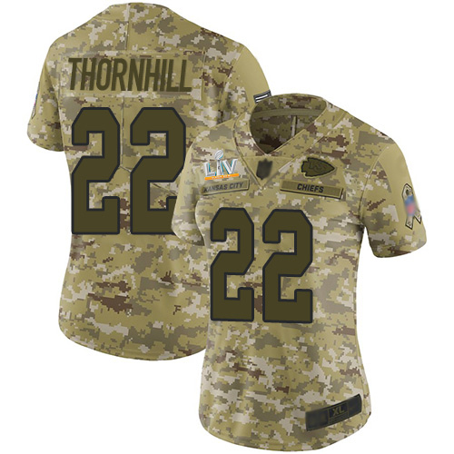 Kansas City Chiefs #22 Juan Thornhill Camo Women's Super Bowl LV Bound Stitched Limited 2018 Salute To Service Jersey Womens