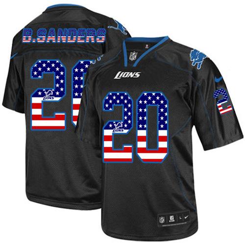 Lions #20 Barry Sanders Black Men's Stitched Elite USA Flag Fashion Jersey