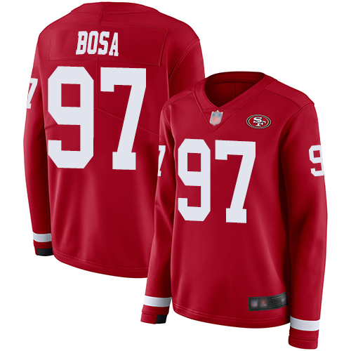 49ers #97 Nick Bosa Red Team Color Women's Stitched Limited Therma Long Sleeve Jersey