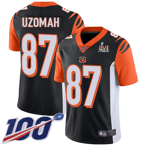 Cincinnati Bengals #87 C.J. Uzomah Black Team Color Super Bowl LVI Patch Men's Stitched 100th Season Vapor Limited Jersey Men's