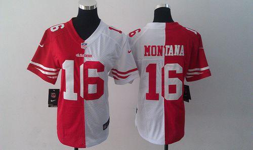 49ers #16 Joe Montana Red/White Women's Stitched Elite Split Jersey